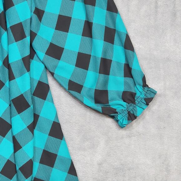 Catherines Tunic Top Blouse 2X Buffalo Check Chiffon Teal and Brown Peasant - Picture 5 of 7